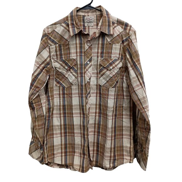 Vintage Lucky Brand Mens Western Shirt Medium Brown Plaid Long Sleeve Cowboy - Picture 1 of 11